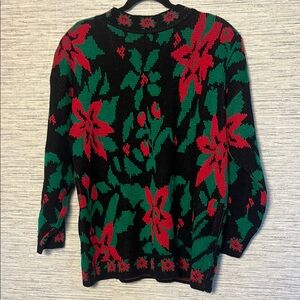 Vintage L Black Poinsettia Christmas Sweater – Festive Knit (625)